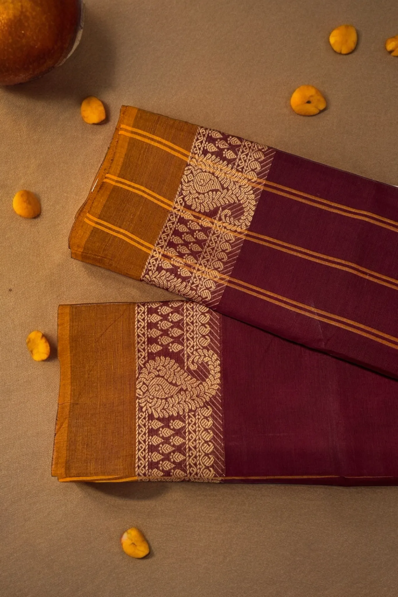 chettinad cotton saree - deep maroon & big gold paisley