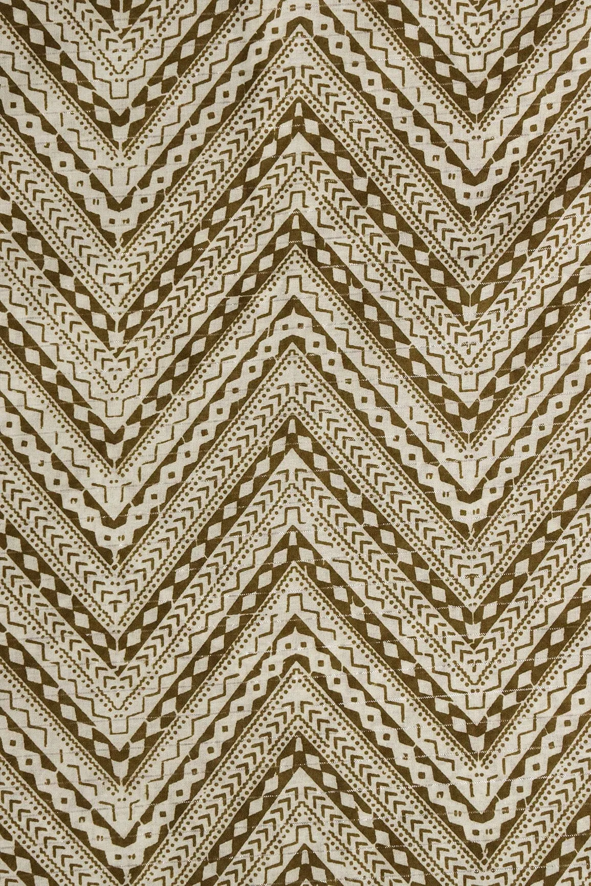 Dark Olive And White Chevron Pattern Screen Print Lurex Organic Cotton Fabric