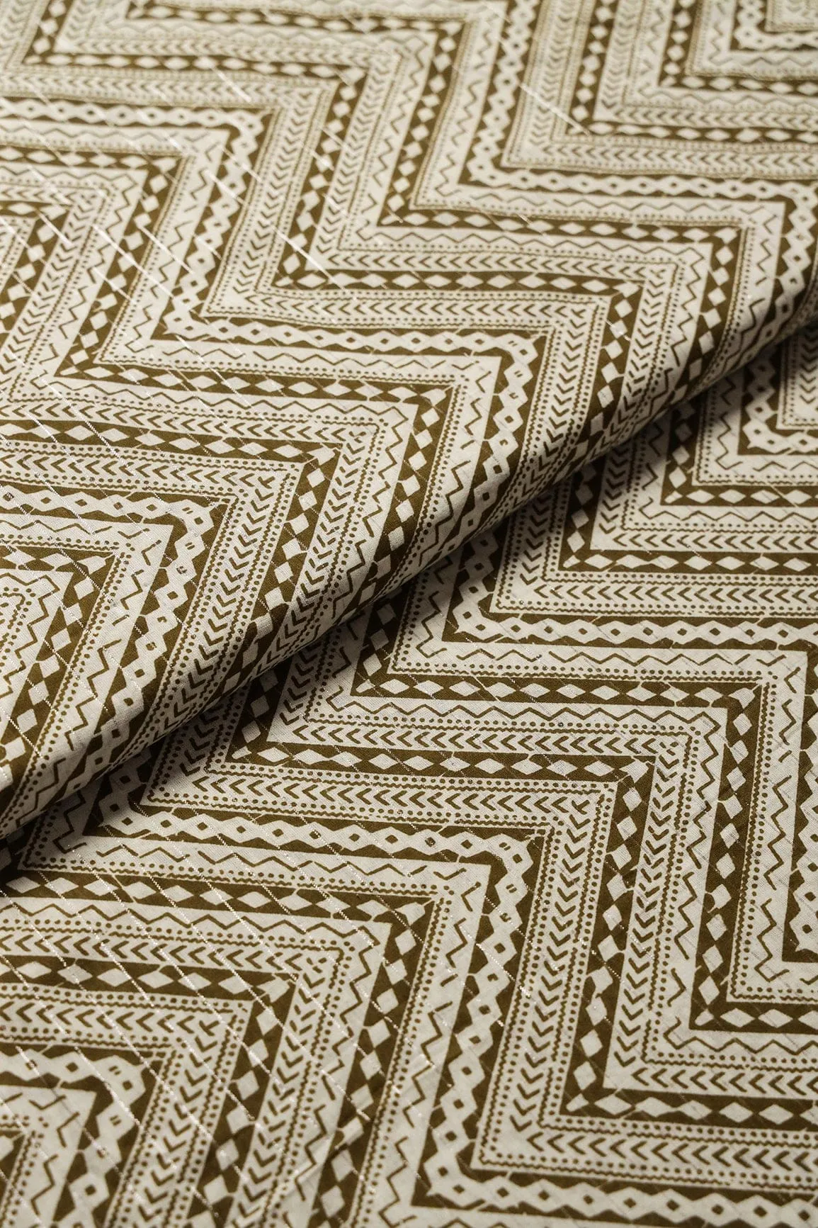 Dark Olive And White Chevron Pattern Screen Print Lurex Organic Cotton Fabric