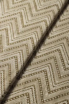 Dark Olive And White Chevron Pattern Screen Print Lurex Organic Cotton Fabric