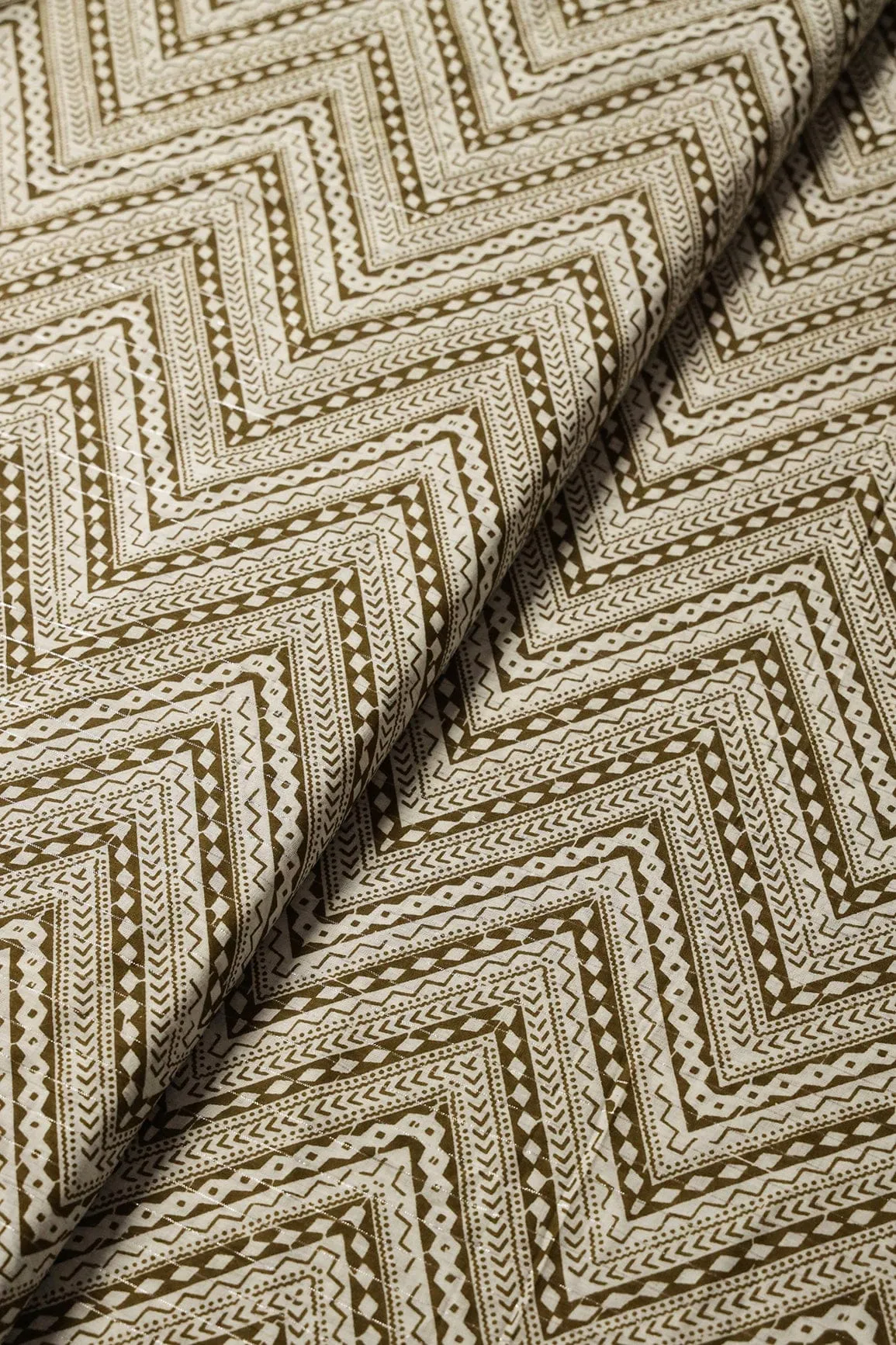 Dark Olive And White Chevron Pattern Screen Print Lurex Organic Cotton Fabric