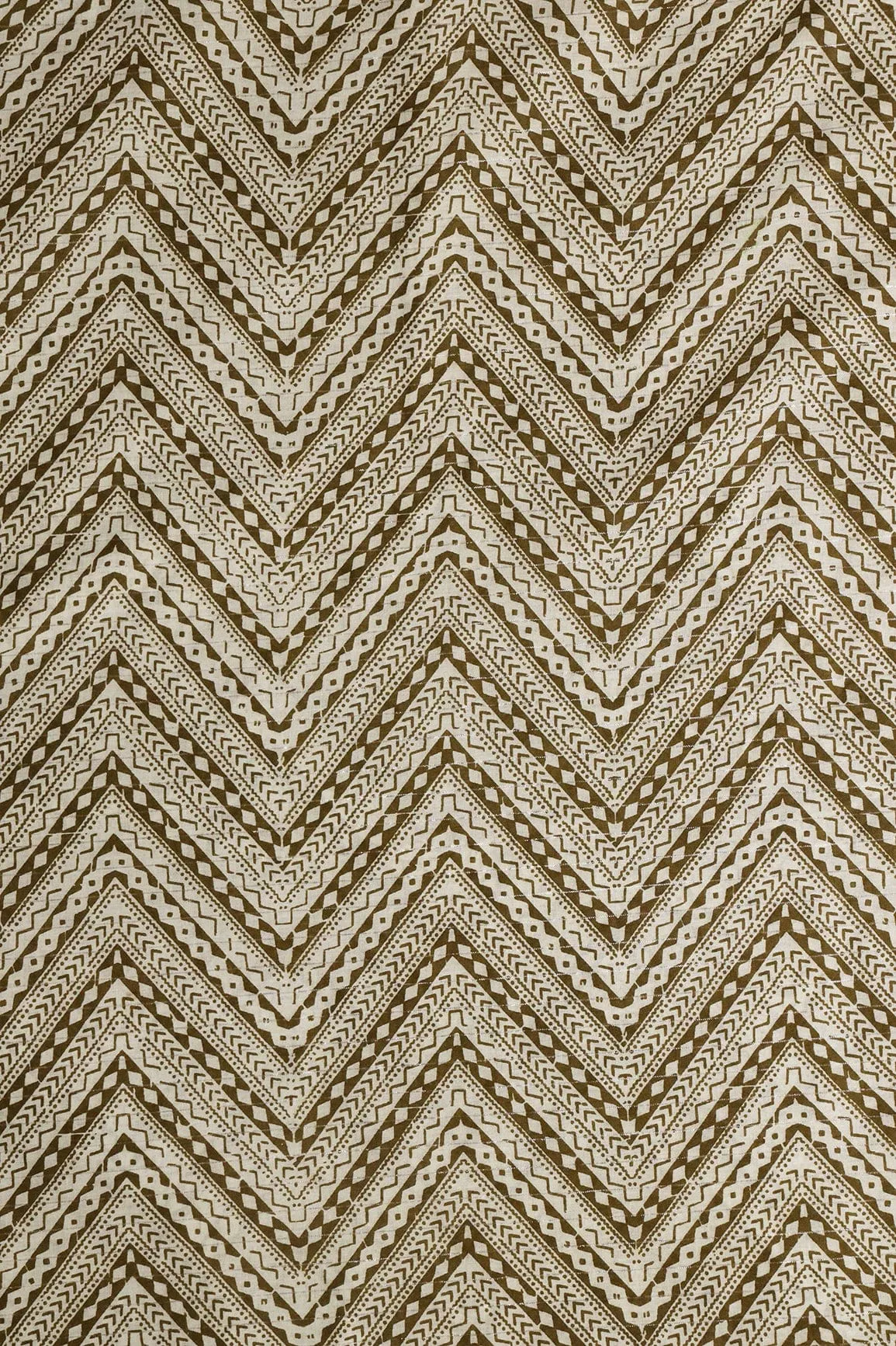 Dark Olive And White Chevron Pattern Screen Print Lurex Organic Cotton Fabric