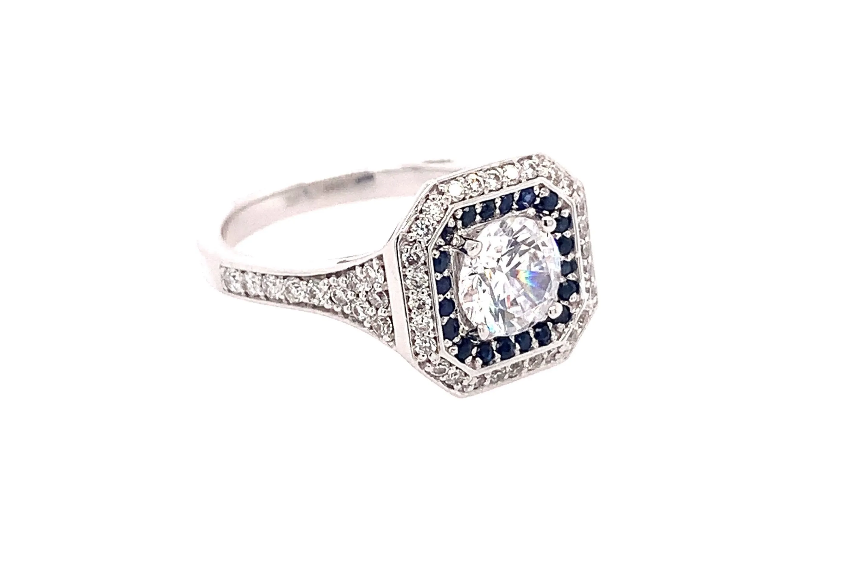 Double Halo Diamond & Sapphire Engagement Ring Semi-Mount