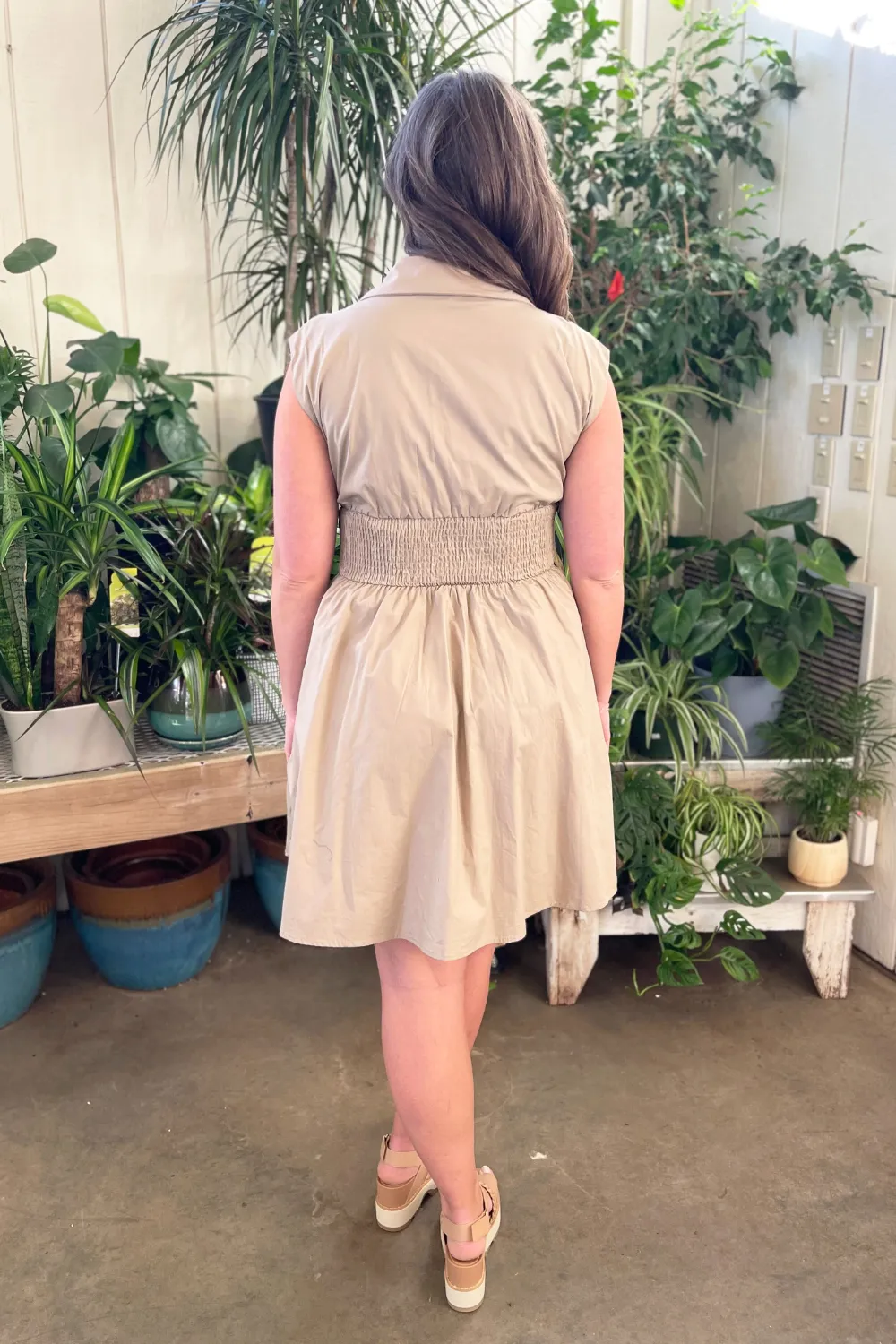 Drop Shoulder Smocked Waist Front Zip Dress with Pockets
