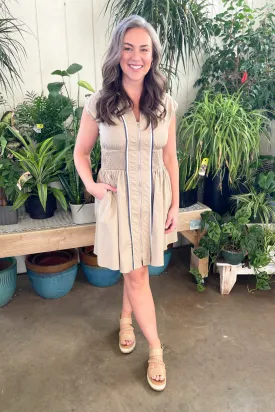Drop Shoulder Smocked Waist Front Zip Dress with Pockets