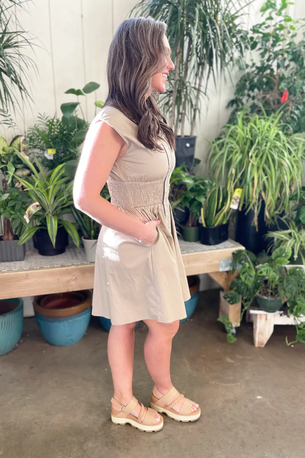 Drop Shoulder Smocked Waist Front Zip Dress with Pockets