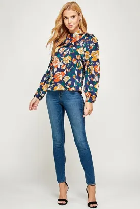 Floral Long Sleeve Top - Navy