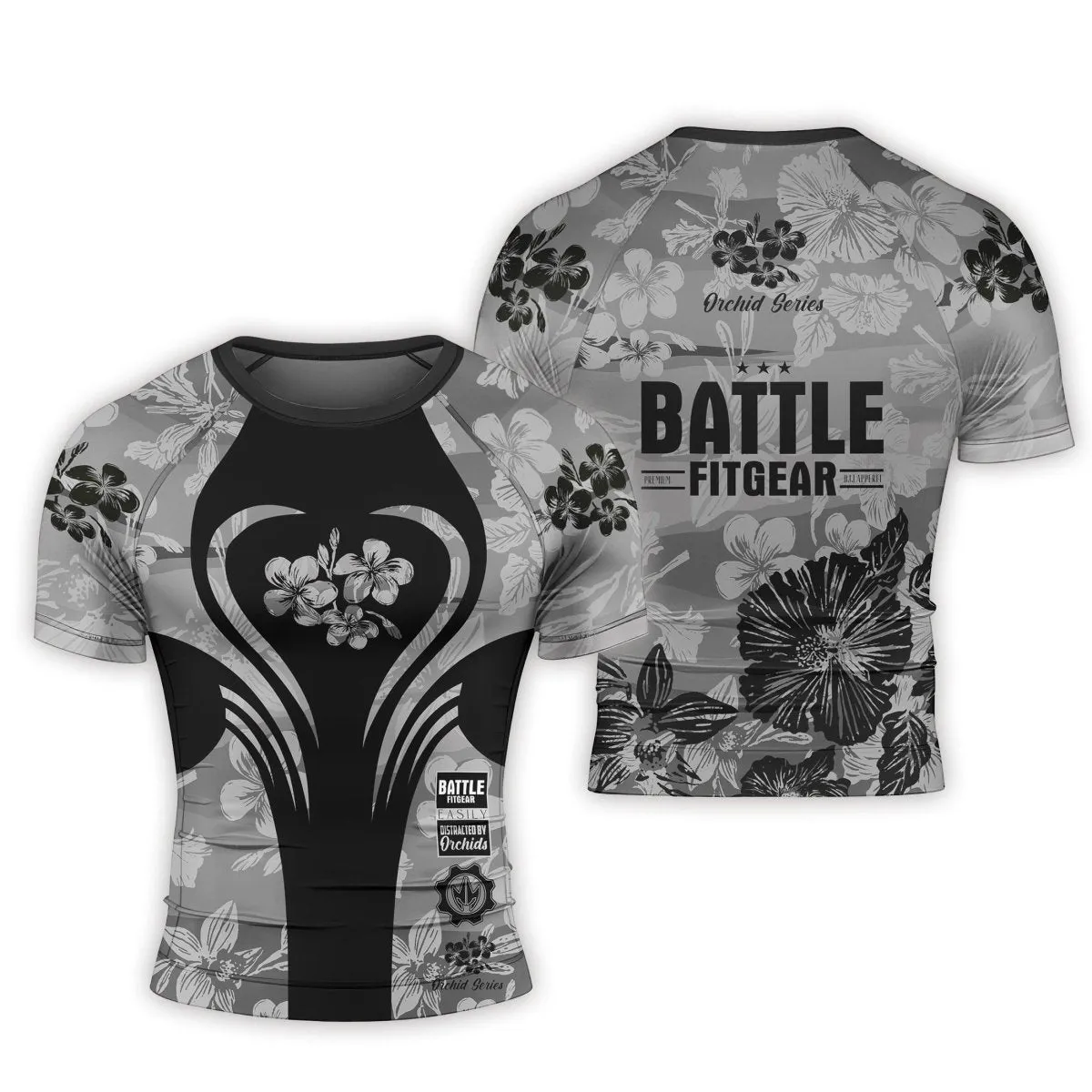Orchid Series Floral Grey Heart Pattern Men's Short Sleeve Rash Guard