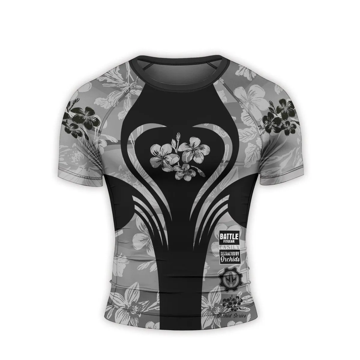 Orchid Series Floral Grey Heart Pattern Men's Short Sleeve Rash Guard