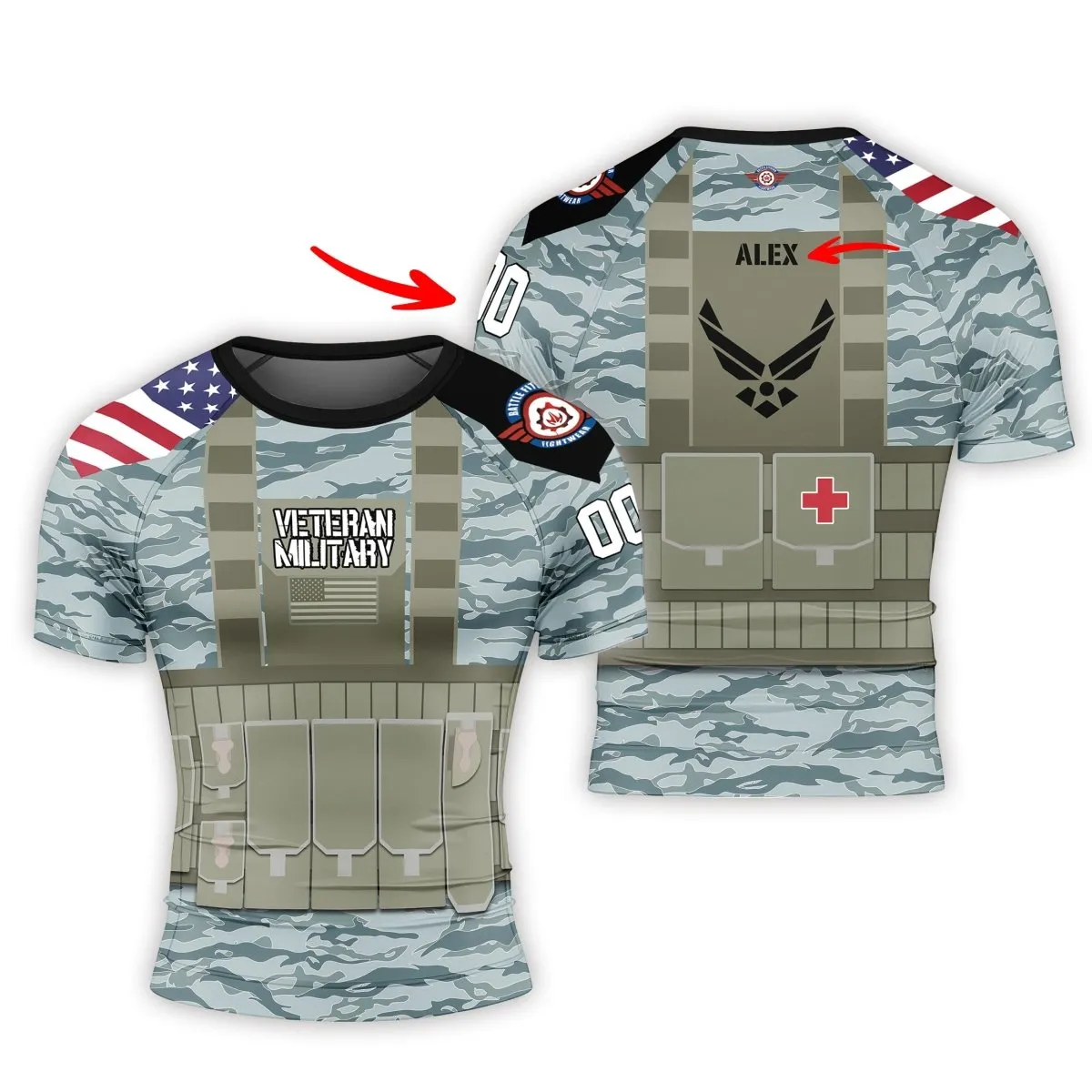 Personalized USA Air Force Veteran Military Men's Short Sleeve Rash Guard