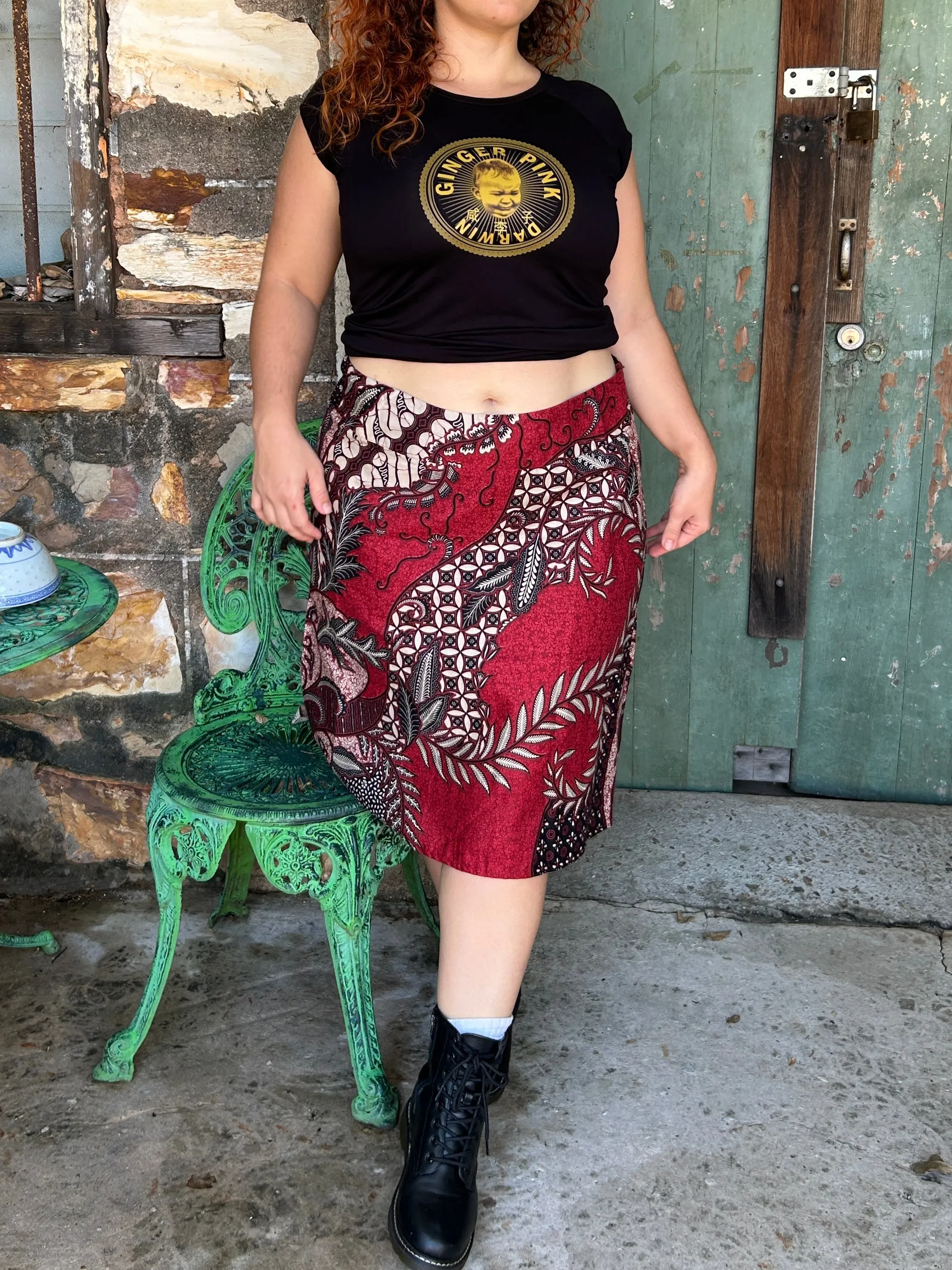 Red Swirl A-Line Skirt: below Knee length