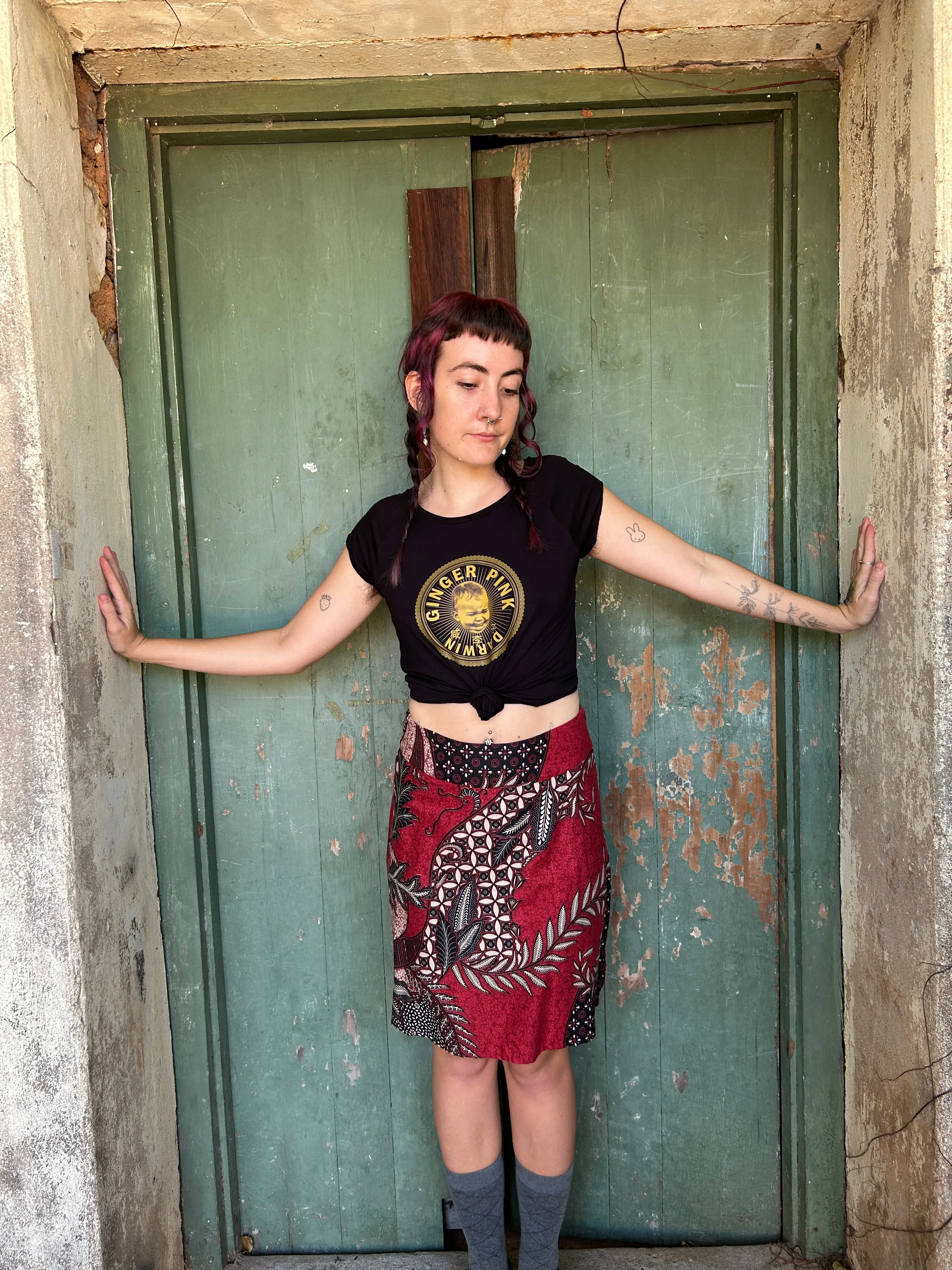 Red Swirl A-Line Skirt: Knee length
