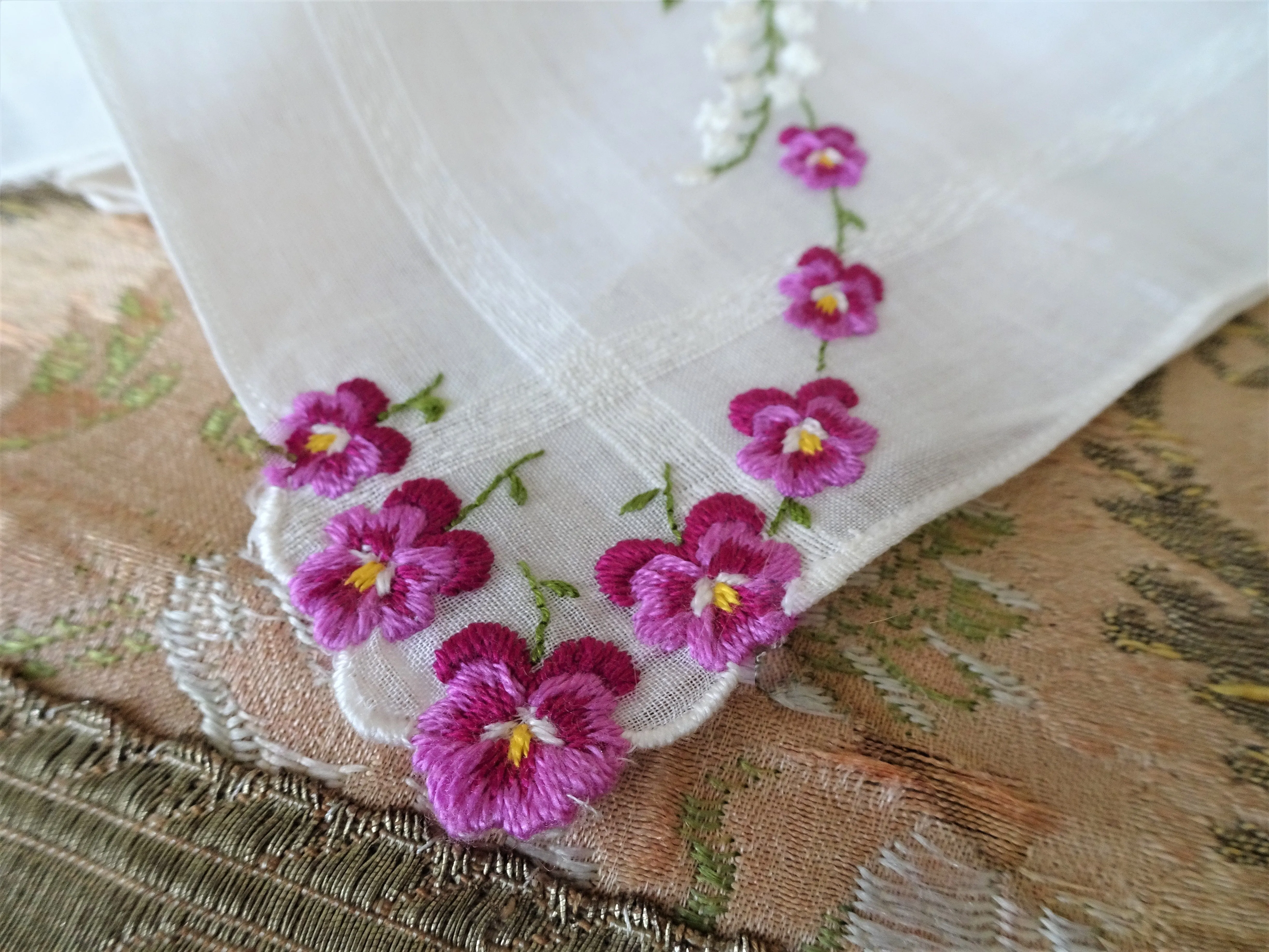 RESERVED BEAUTIFUL Vintage Swiss Hand Embroidered Hanky, Pansies and Lily of Valley,Bridal Handkerchief,Hankie,Never Used,Collectible Vintage Hankies