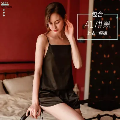 Women's Sexy Halter Deep V Sexy Satin Set Shorts sleep wear Sling Lace Large Size Home Service Pajamas Set